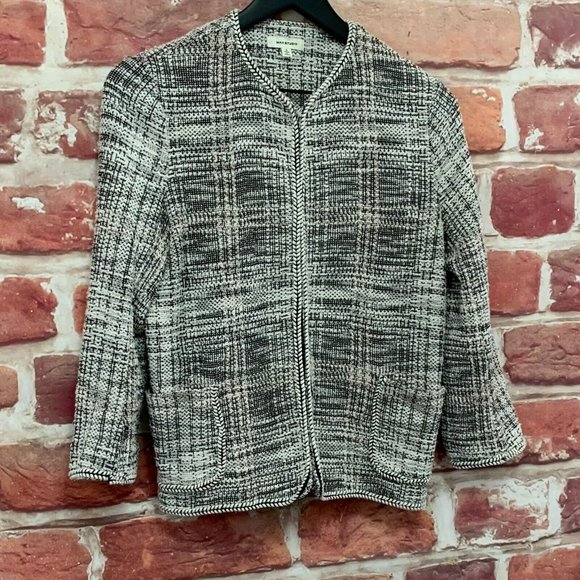 MAX STUDIO WOMEN'S WHITE & BLACK TWEED SWEATER CARDIGAN BLAZER JACKET - Picture 2 of 7